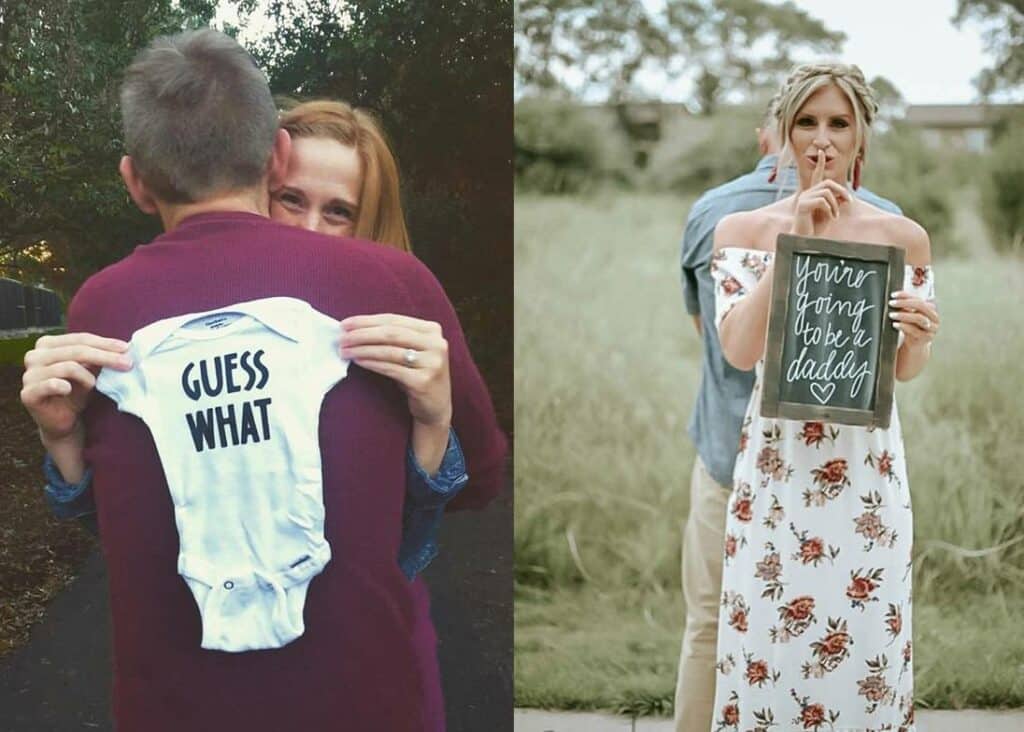 Koláž dvou fotografií, na nichž ženy ukazují fotografovi oznámení o těhotenství, které skrývají před svým mužem, jenž je otočen zády k fotoaparátu.