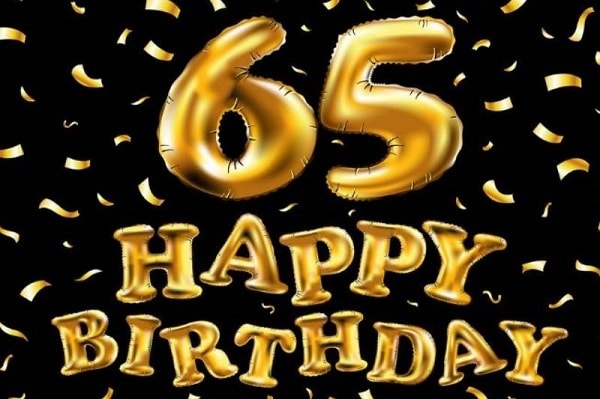 Zlaté balónky ve tvaru číslic 6 a 5 a nápisu "Happy birthday" s poletujícími zlatými konfetami na černém pozadí.