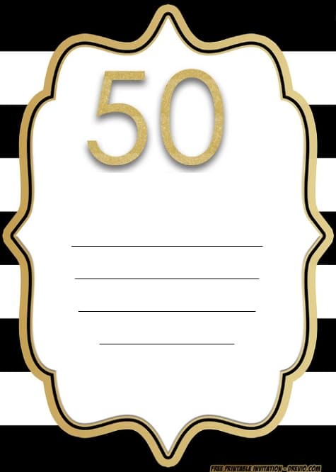 Nevyplněná pozvánka na školní sraz po 50 letech na černobílém pruhovaném pozadí se zlatým číslem 50 ve zlatém rámu.