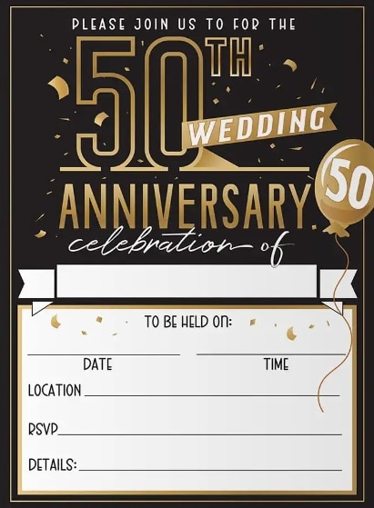 Černo-zlaté pozvání na padesáté výročí svatby s prázdnými řádky pro vlastní text. 