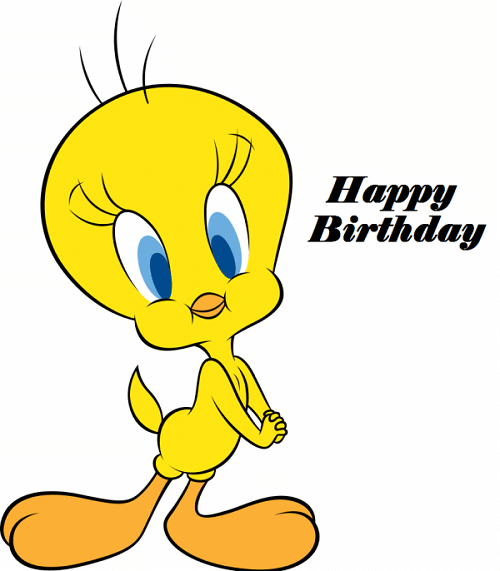 Usmívající se a těšící se žlutý ptáček Tweety se sepnutýma rukama a nápisem "Happy birthday". 
