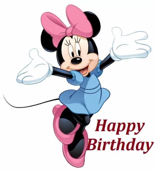 Holčička Mickey Mouse s růžovou mašlí, vyskakující radostně do vzduchu, s nápisem "Happy birthday". 