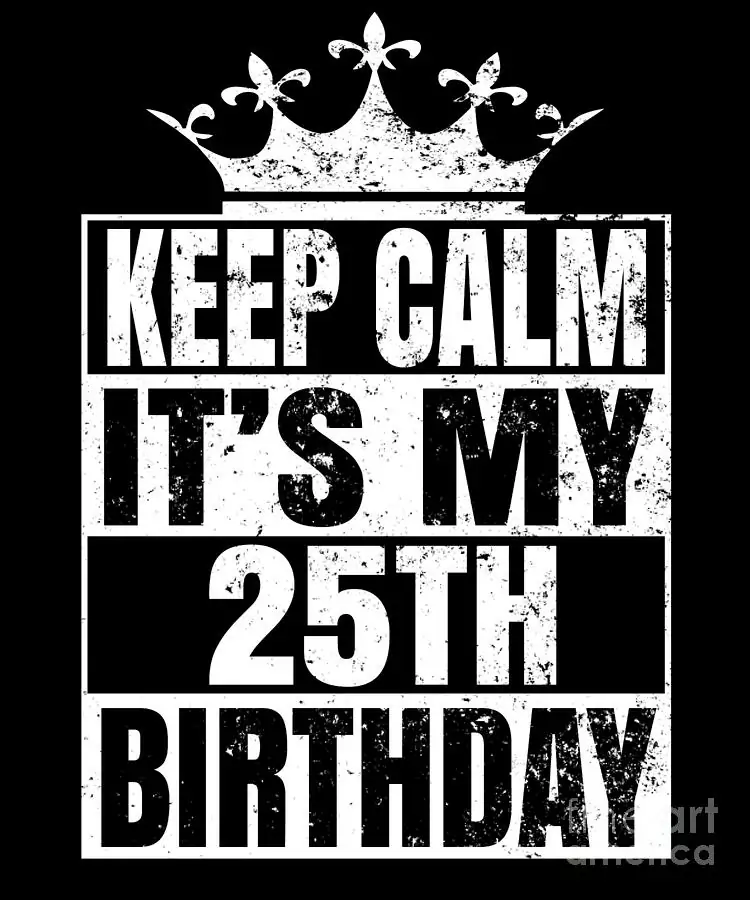 Černé narozeninové přání s bílým nápisem Keep calm it´s my 25th birthday.