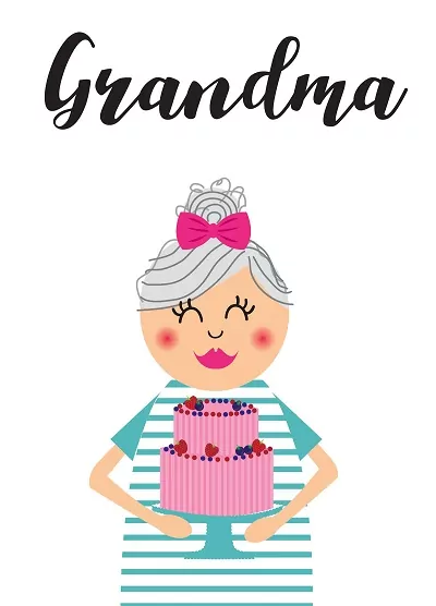 Kreslená babička držící narozeninový dort nad níž je nápis "Grandma". 