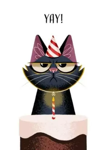 Kreslená černá kočka s narozeninovým dortem a zapálenou svíčkou. 