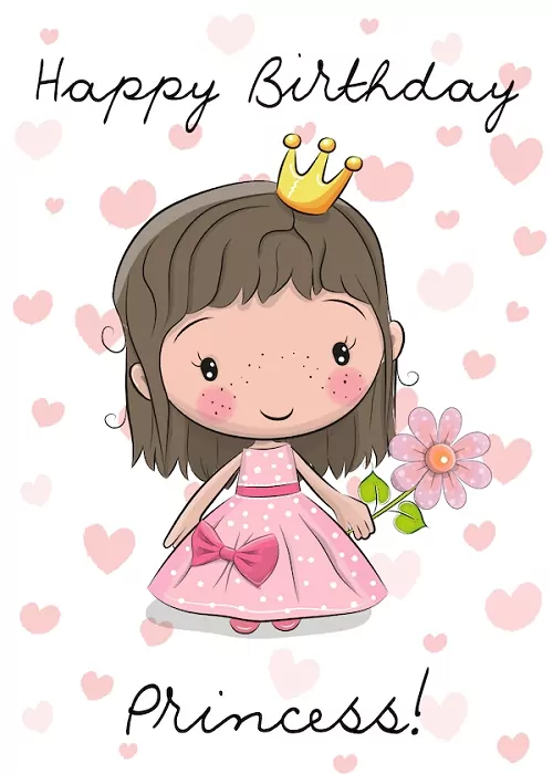 Růžové narozeninové přání pro děti s princeznou v šatech a s květinou v ruce a nápisem "Happy birthday princess!". 