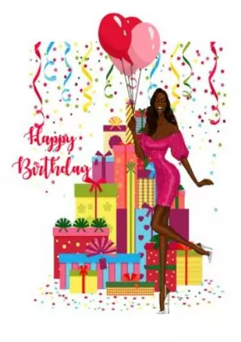 Kreslená dáma tmavé pleti v růžových šatech s dárky, balónky a nápisem Happy Birthday.