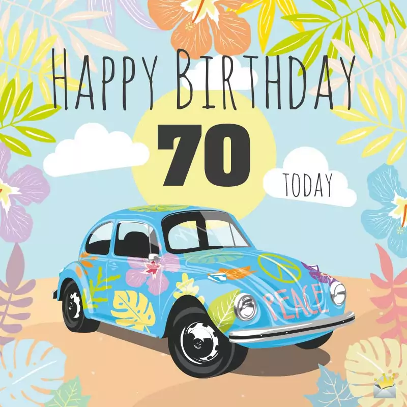 Kreslené auto s barevnými listy a květy a číslem sedmdesát.