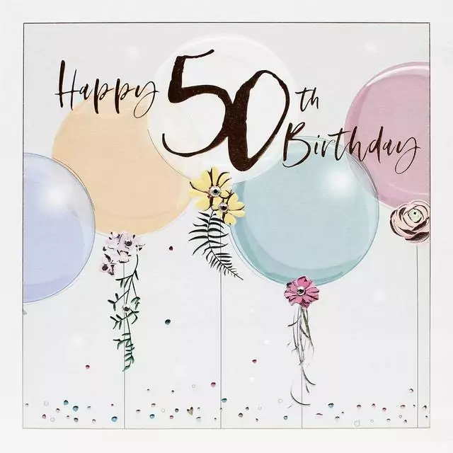 Kreslené narozeninové přáníčko s barevnými balónky a číslem padesát.
