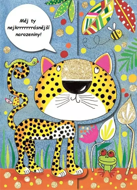Malovaný gepard se žabkou, včelkou a housenkou a s narozeninovým blahopřáním. 