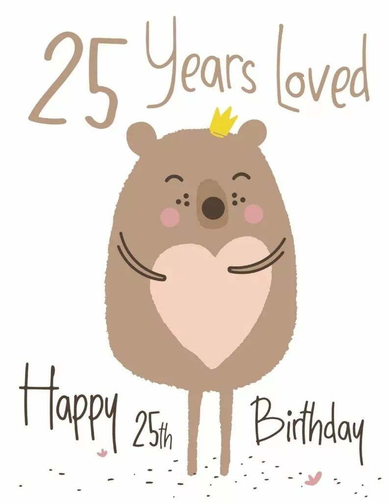 Kreslený hnědý medvěd se srdíčkem a narozeninovým nápisem. 