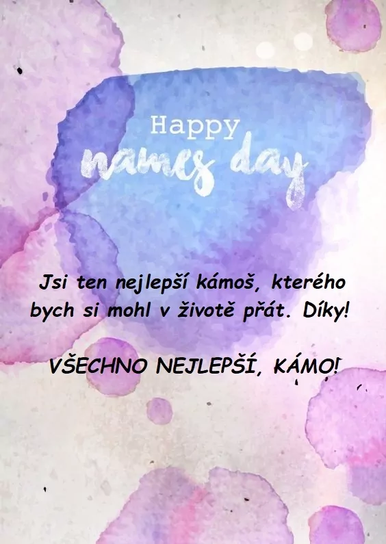 Přání k svátku pro muže s fialovými kaňkami a nápisem Happy names day.