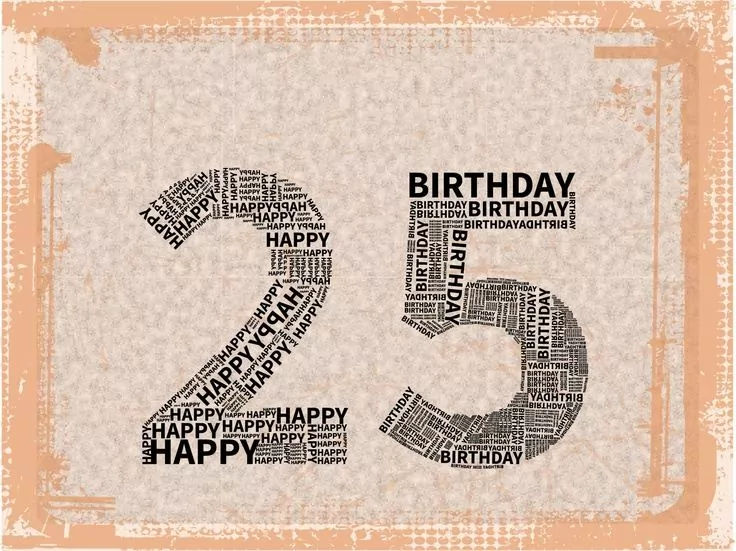 Hnědé obrázkové přání k narozeninám s číslem 25 složeného z drobných slov.