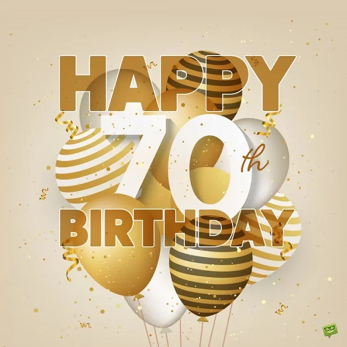 Zlaté obrázkové přání k sedmdesátým narozeninám s balónky.